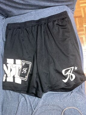 Men's Black Athletic Mesh Shorts with White Graphic Accents
